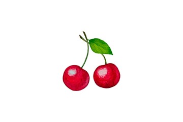 Obraz premium Hand-painted watercolor illustration of two ripe, bright red cherries with a green leaf and stems, isolated on a white background.