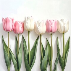 Array of six colorful tulips on a white background, overhead view