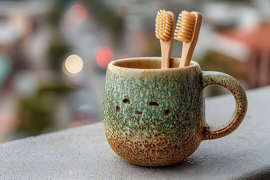 Eco-Friendly Bamboo Toothbrushes in Ceramic Holder on Urban Balcony