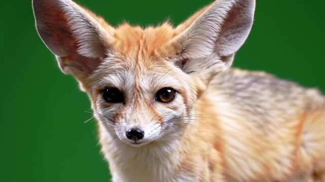 Cute Fennec Fox Portrait with Large Ears on Green Background - Exotic Desert Animal Headshot