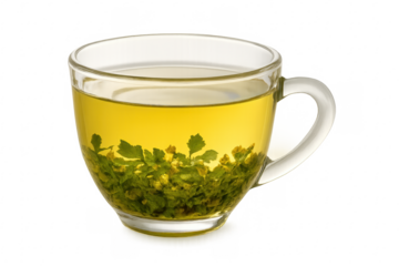 Herbal infusion in glass cup, healthy warm drink