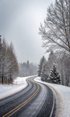 Fototapeta premium Serene Winter Drive: Snow-Covered Trees Frame a Curving Road Under Gray Skies