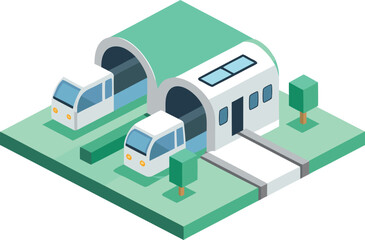 Modern isometric underground transport station with futuristic trains vector illustration