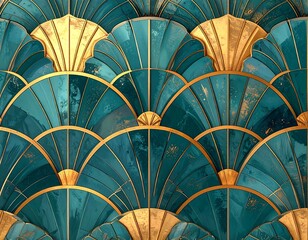 Elegant, Art Deco-inspired pattern with teal and gold scalloped design
