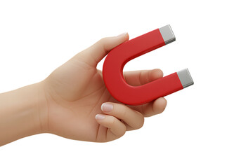 A hand holding a vibrant red horseshoe magnet on transparent background
