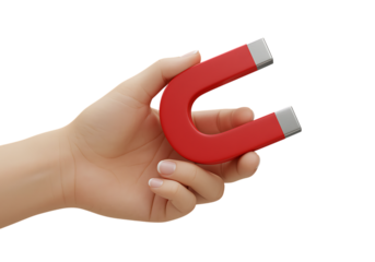 A hand holding a vibrant red horseshoe magnet on transparent background