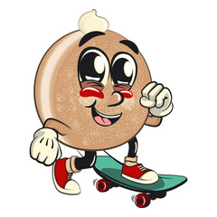 cute sugar donut bun mascot cartoon character vector illustration playing skateboarding, sweet bakery dessert food icon isolated, work of hand drawn