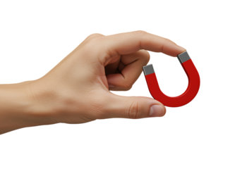 A hand holding a red horseshoe magnet isolated on transparent background