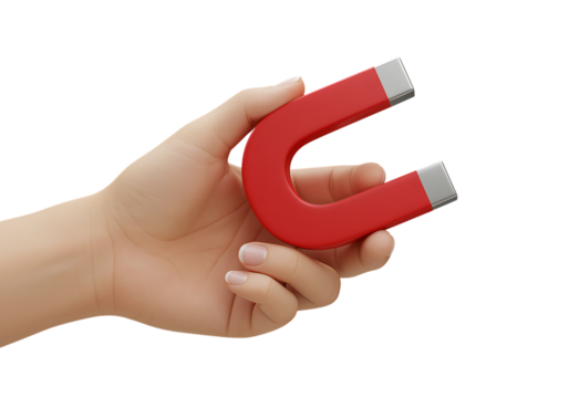 A hand holding a vibrant red horseshoe magnet on transparent background
