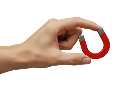 A hand holding a red horseshoe magnet isolated on transparent background