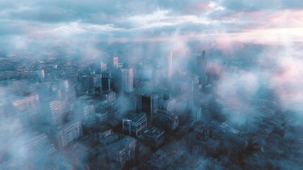 Aerial view of a dense cityscape shrouded in atmospheric fog during dawn with soft pastel clouds