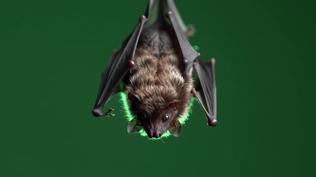 Nocturnal Bat Hanging Upside Down on Green Background, Wildlife Mammal Close-up