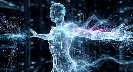 Digital humanoid illustration futuristic visualization of technology and data