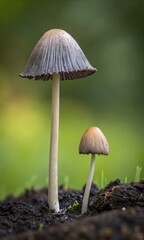 Fototapeta premium Two wild mushrooms of different sizes emerging from rich soil against a blurred green background