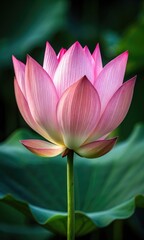 A vibrant pink lotus flower blooming elegantly against a soft green background