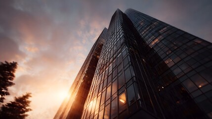 A modern glass skyscraper bathed in the warm glow of a sunset with dramatic clouds in the sky