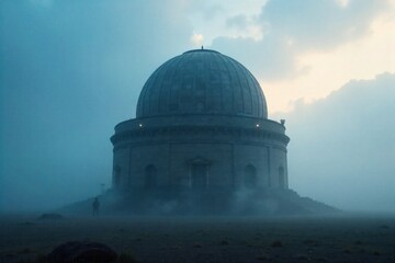 Obraz premium Misty Maya Observatory An ancient Maya observatory structure partially obscured by thick, ethereal morning mist. The weathered stone is barely visible through the fog, creating a mysterious and