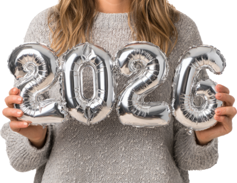 Excited person displays shiny silver number balloons for future celebration - Powered by Adobe