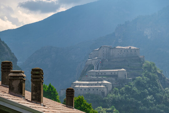 Historic Forte di Bard (Fort Bard) in the mountains, Aosta Valley, Italy