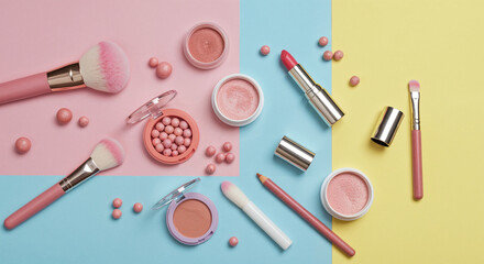 Assorted makeup products arranged on a pastel color block background Keywords: makeup, cosmetics