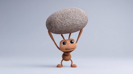 Determined cartoon ant character lifting a large stone with determination and strength in a minimalist background