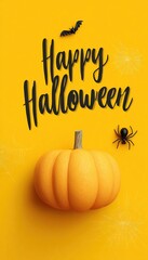 Happy Halloween text banner with pumpkin, web, bat and spider on yellow background