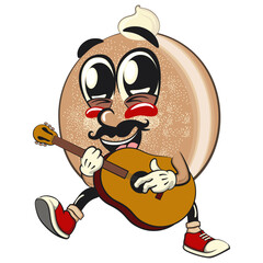 cute sugar donut bun mascot cartoon character vector illustration playing guitar, sweet bakery dessert food icon isolated, work of hand drawn