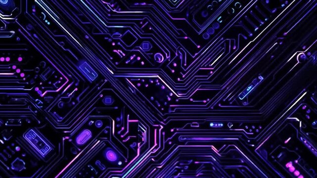Abstract circuit board design with neon lines in blue and purple