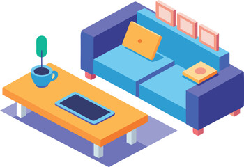 Cozy isometric living room setup vector illustration with sofa coffee table and plant eps