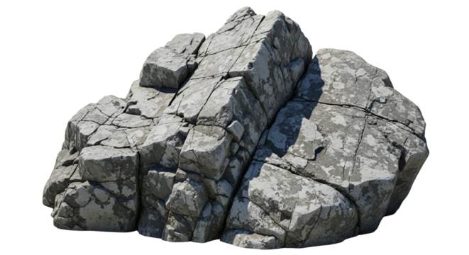 A large, rugged grey granite rock with sharp edges and deep crevices, isolated on a transparent background