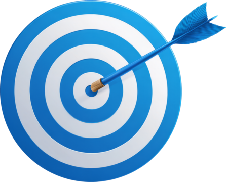 Bullseye target with an arrow hitting dead center represents triumphant success