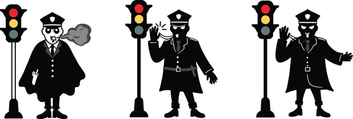 Traffic police officer illustration, spooky law enforcement art, eerie traffic light design, supernatural authority figure, haunted cop concept, dark Halloween character