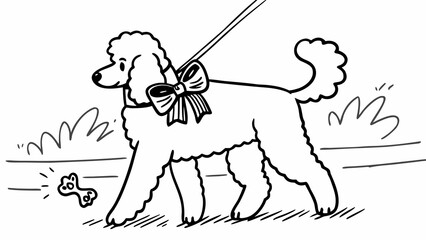 Fototapeta premium Poodle dog with ribbon and leash walking on grass