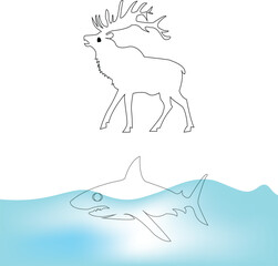 Abstract Line Art of Deer and Shark with Water Effect