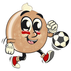 cute sugar donut bun mascot cartoon character vector illustration playing football or soccer, sweet bakery dessert food icon isolated, work of hand drawn