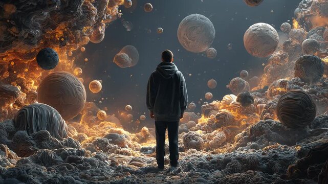 3D abstract surreal animation of a man surrounded by sculpted exoplanets, dark cosmic elements, and dreamlike universe tones expressing emotional tension