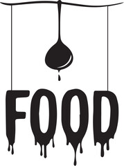 Black and white vector illustration of dripping “FOOD” text with hanging spoon and liquid effect