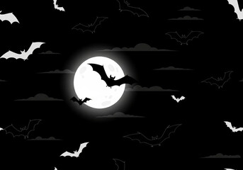 A flat design Halloween night background featuring a full moon and flying bats, perfect for spooky posters and modern seasonal graphics, Ai Generate.