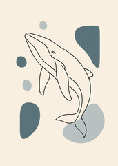 minimalist whale art with organic shapes. outline, poster, decoration, background. black and blue