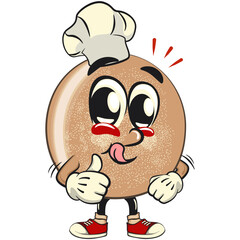 cute sugar donut bun mascot cartoon character vector illustration as chef give thumbs up, sweet bakery dessert food icon isolated, work of hand drawn