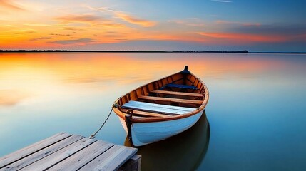 Fototapeta premium Serene Sunset Wooden Rowboat Moored by Dock Reflecting Golden Light on Calm Water.