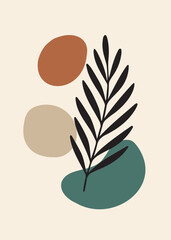 Abstract art plant and organic shapes. Minimalist illustration orange, green, black and beige. nature, leaves. Light background, decorative, scandinaviam, vector