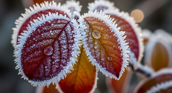 Frost covered autumn leaves with water droplets close up macro photography - Powered by Adobe