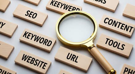 Magnifying glass over wooden blocks with seo and content marketing keywords for search engine optimization
