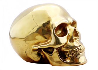 a golden skull sculpture with a reflective finish isolated on white background png, ai generated