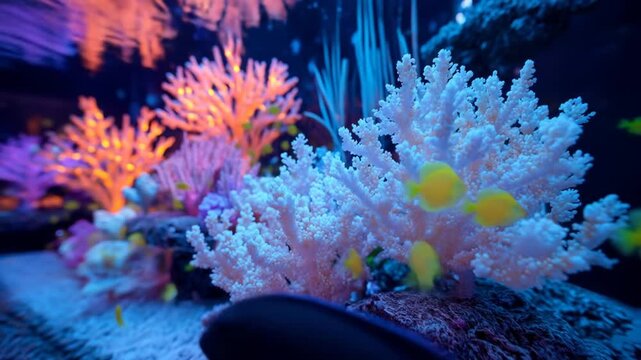 Colorful coral reef with small yellow fish in underwater environment