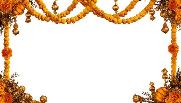 Vibrant marigold garland border frames joyful celebration, traditional festive decoration