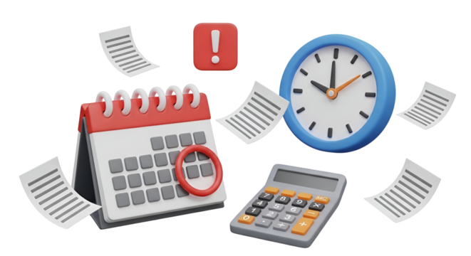 3d illustration of a calendar, clock, calculator, and documents, isolated on transparent background