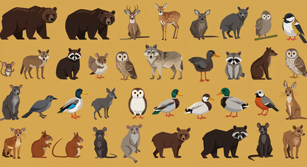 Collection of cartoon animals on a yellow background Keywords: animals, wildlife, cartoon