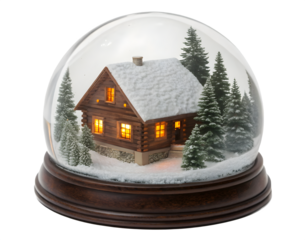 Cozy log cabin nestled in a snowy winter forest within a decorative snow globe.